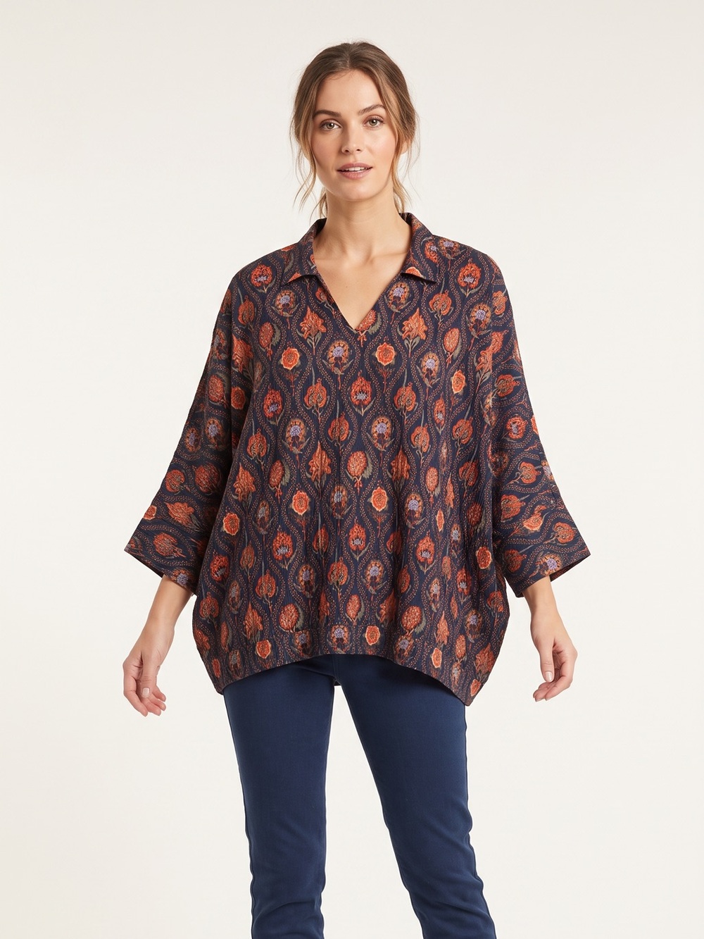 Women's Navy Floral Button-Front Top
